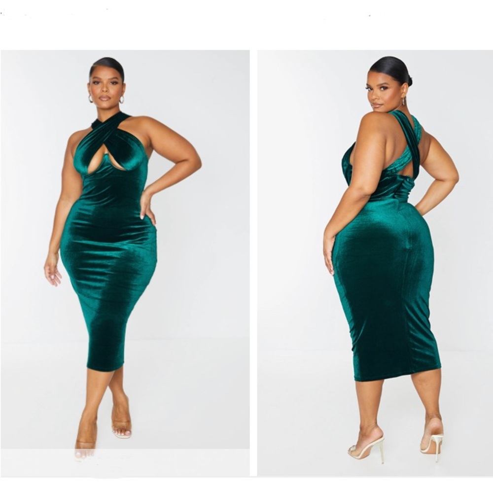 Emerald Green Velvet Underwired Cross Front Midi Dress. Size 12. New with tags